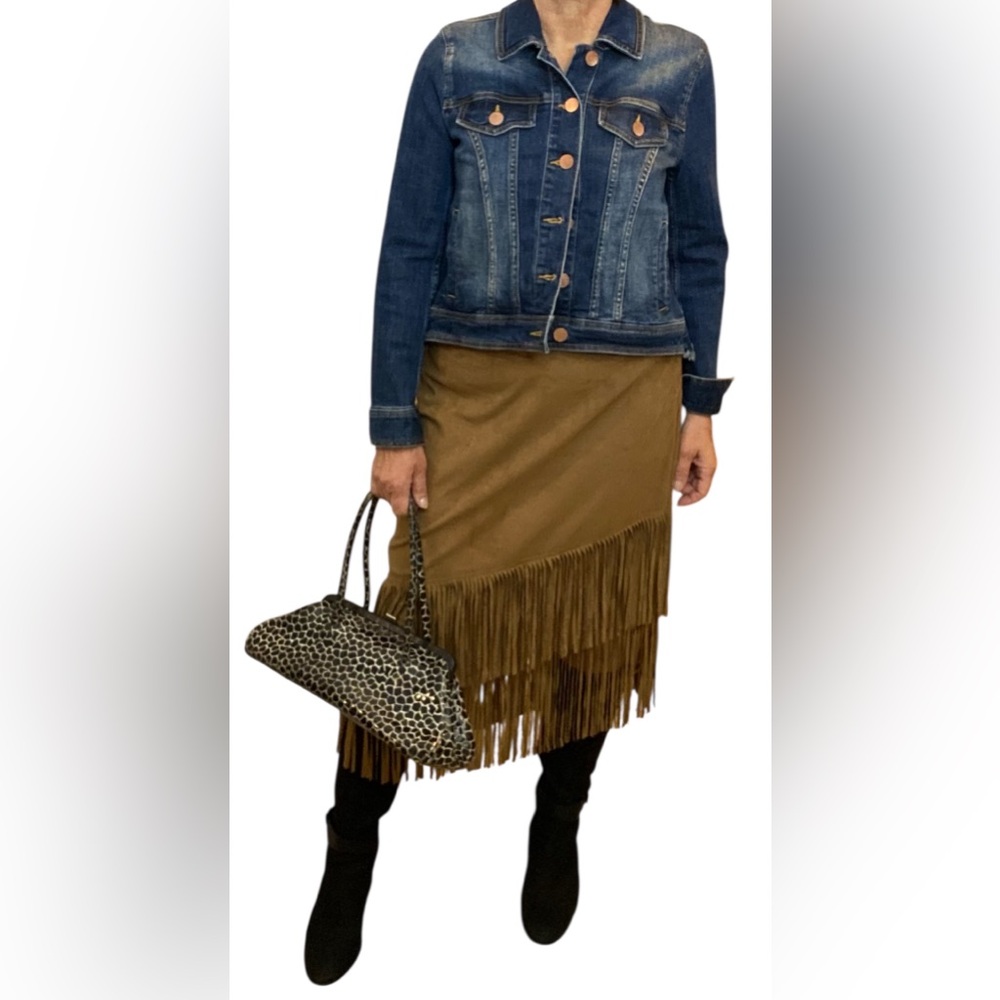 Chico's Asymmetrical Fringe Skirt in Tan EUC size L